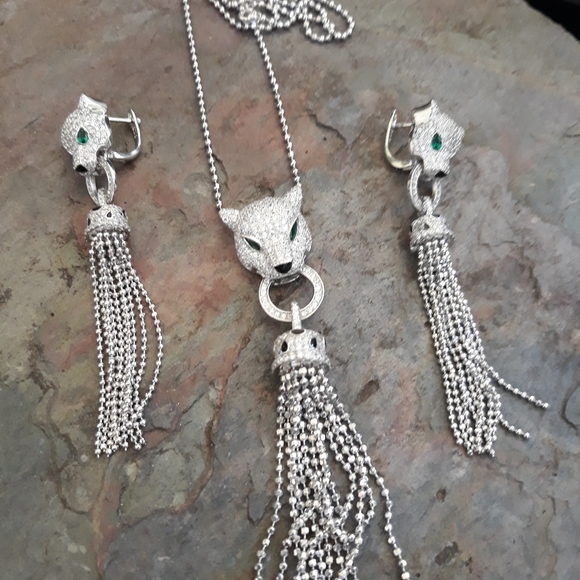 14K White Gold Coating Panther Necklace Set *101 - Picture 7 of 12